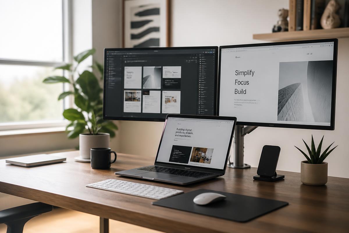 Espacio de trabajo minimalista con portátil y dos monitores